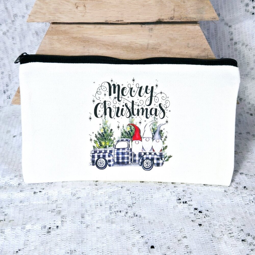 NEW SMALL CANVAS ZIPPER POUCH, COSMETIC BAG, MERRY CHRISTMAS VTG TRUCK & GNOMES